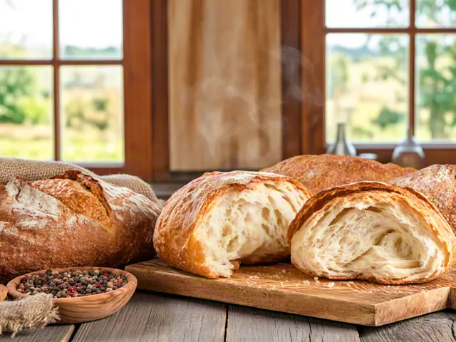 Assortment of bread loaves on wooden board