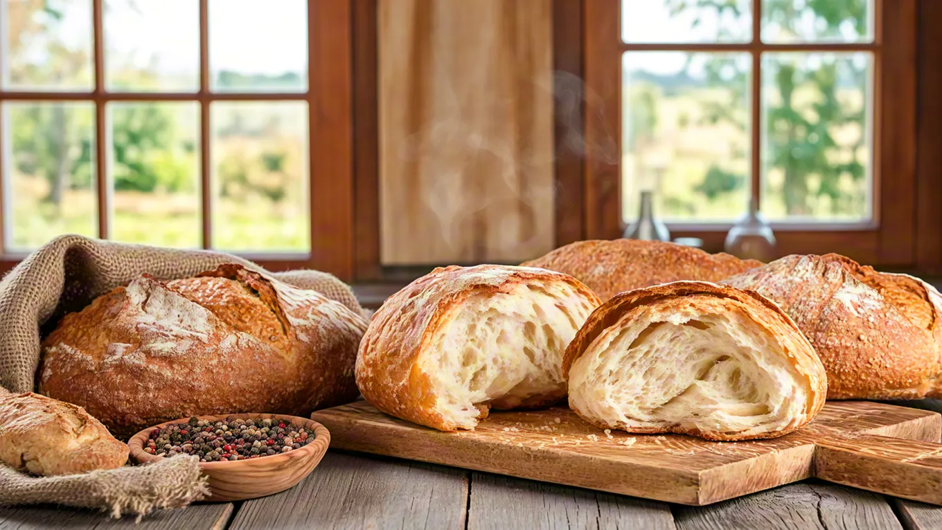 Assortment of bread loaves on wooden board