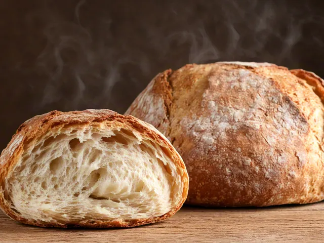 Rustic artisan bread on wooden table