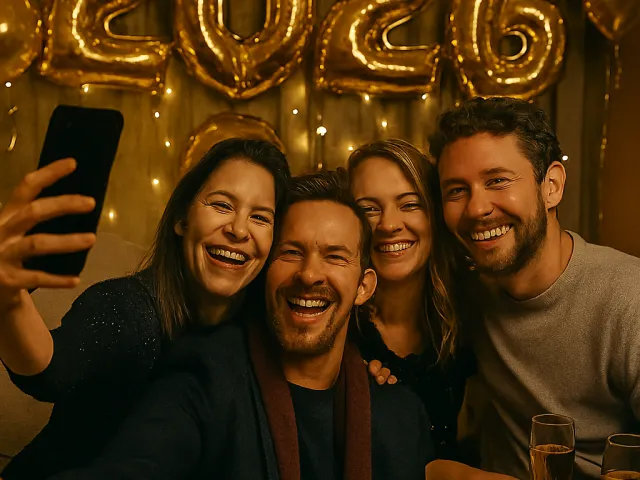 Group of friends smiling and taking selfie at 2026 New Year celebration