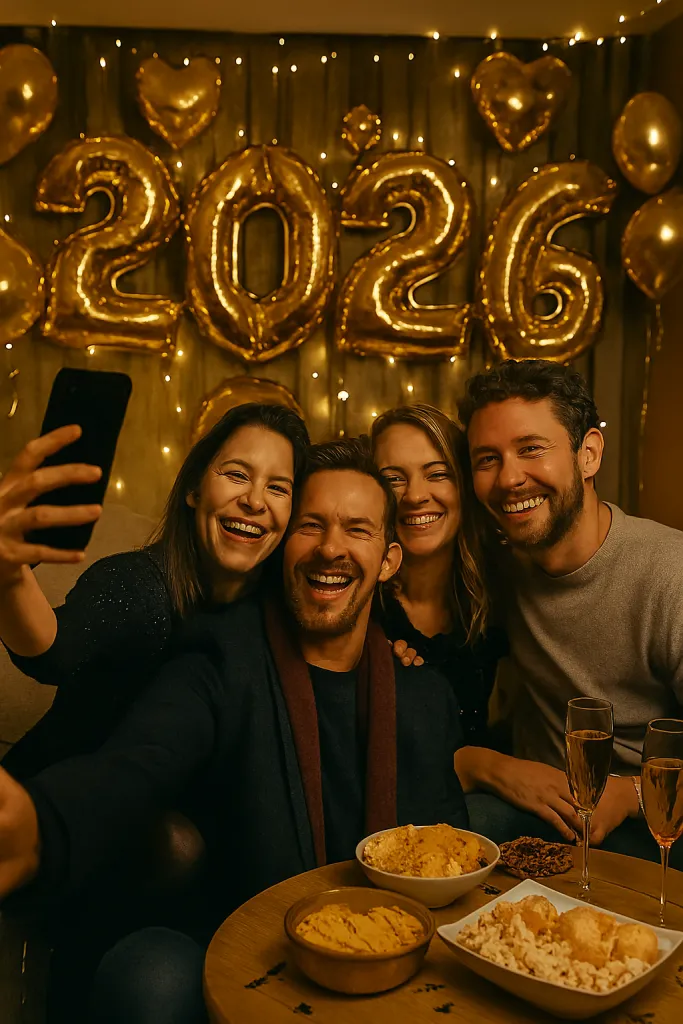 Friends celebrating 2026 — New Year party group photo
