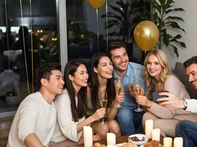 group of friends celebrating new year indoors with balloons candles and drinks