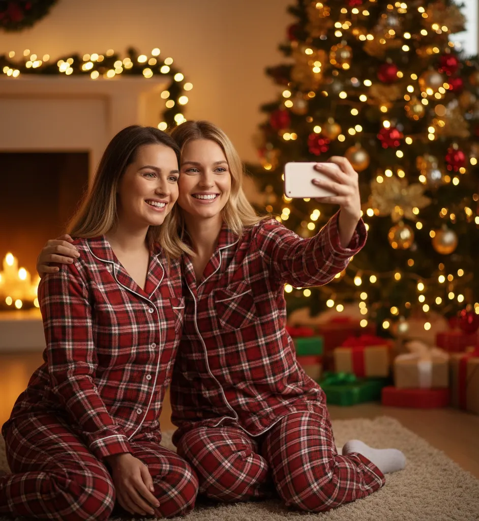 Friends taking holiday selfie in matching pajamas