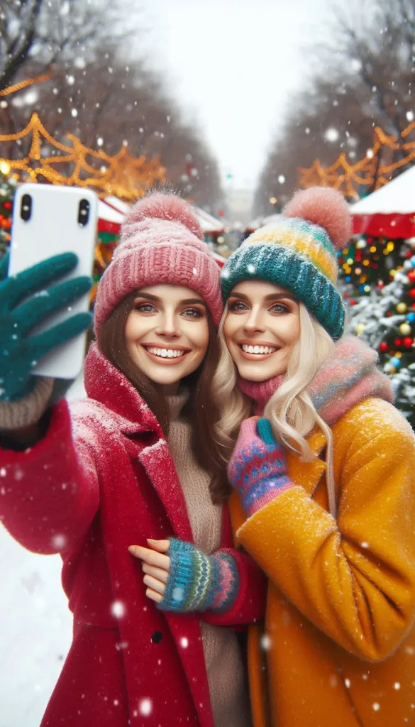 Friends taking winter holiday selfie outdoors
