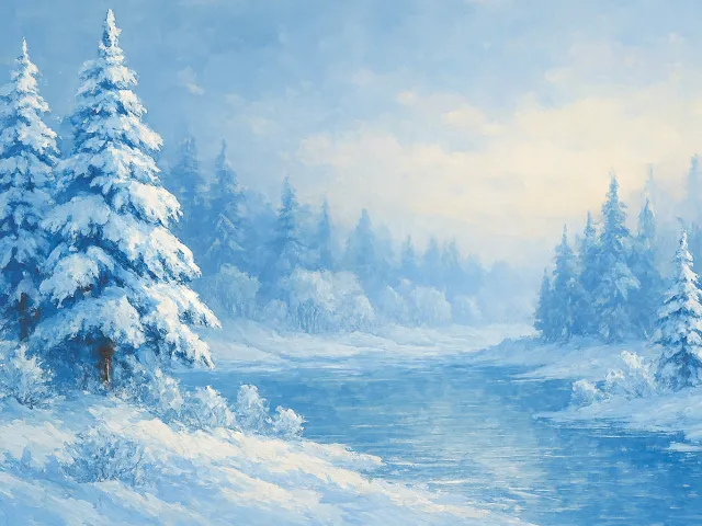 snowy river scene with frosted trees