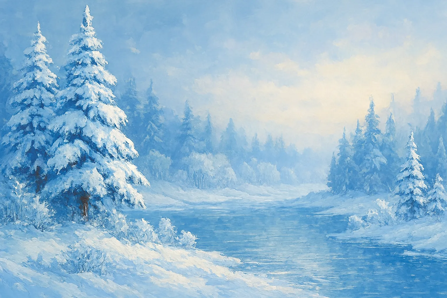 snowy river scene with frosted trees