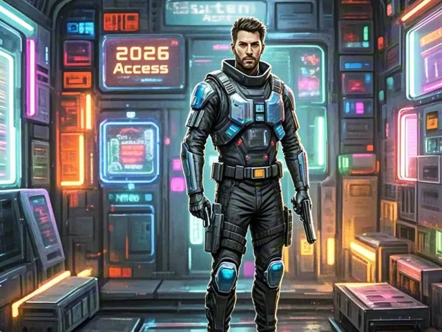 armored man in sci-fi control room with neon screens showing 2026 access
