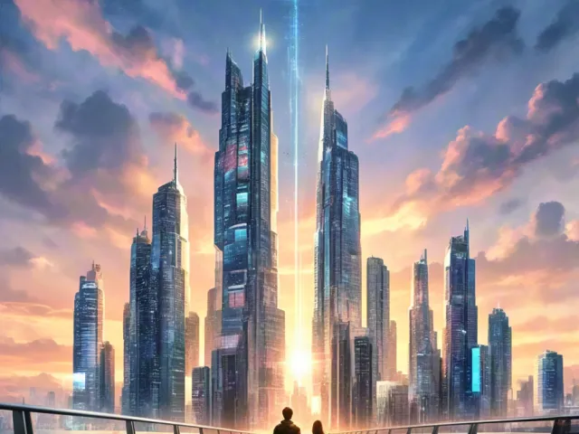 Silhouettes of two people watching a futuristic glowing city with 2026 sign above