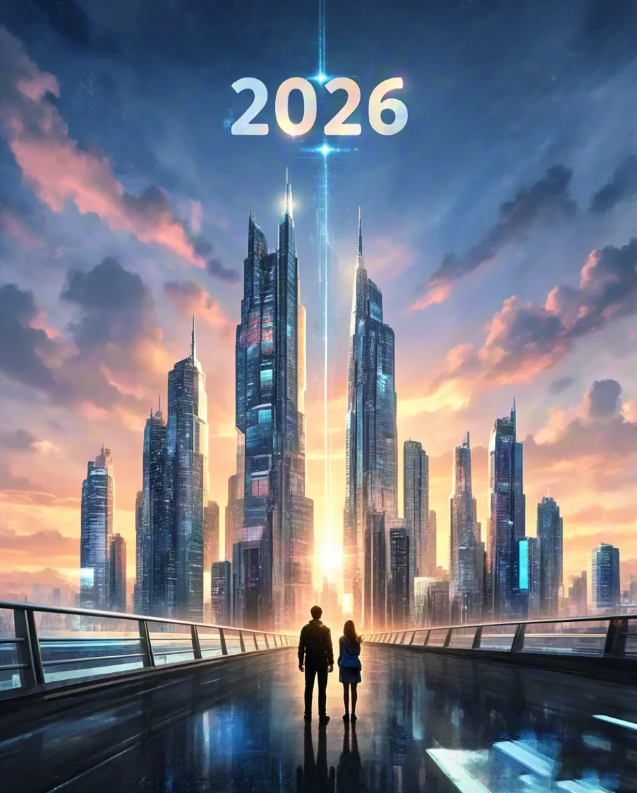 Silhouettes of two people watching a futuristic glowing city with 2026 sign above