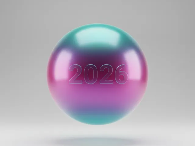glossy gradient sphere with embossed 2026 text on minimal background