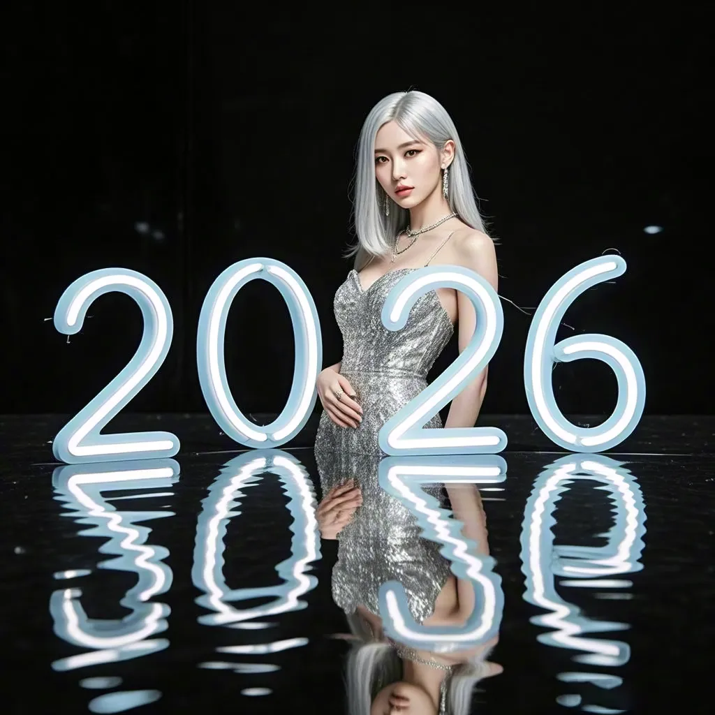 Futuristic 2026 neon numbers with reflection