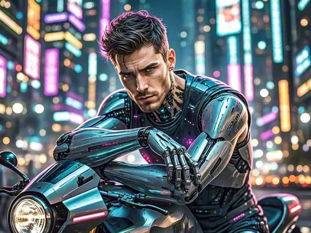 Man in armored suit sitting on futuristic bike in neon city