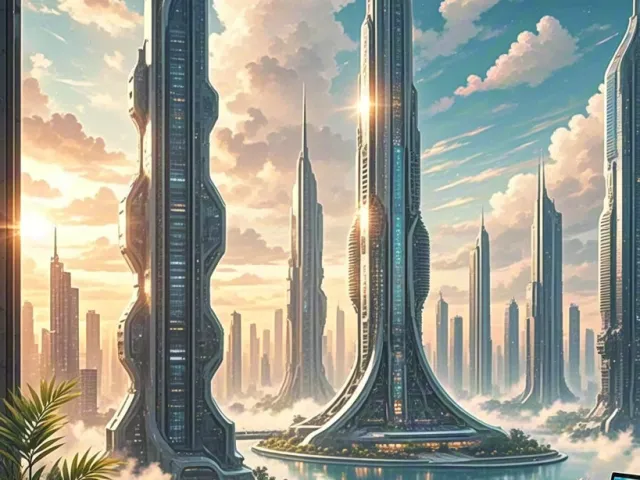 High-tech futuristic city with tall towers seen from balcony