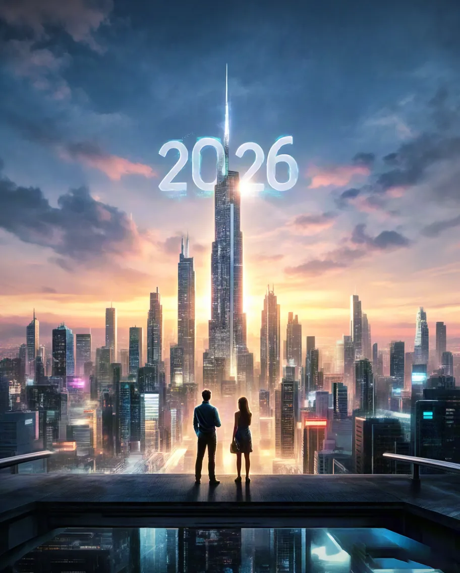 Silhouette of a futuristic city with glowing 2026 numbers in the sky