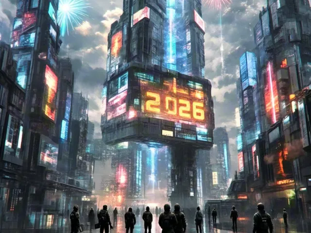 Cyberpunk city skyline with glowing 2026 hologram above a busy neon street