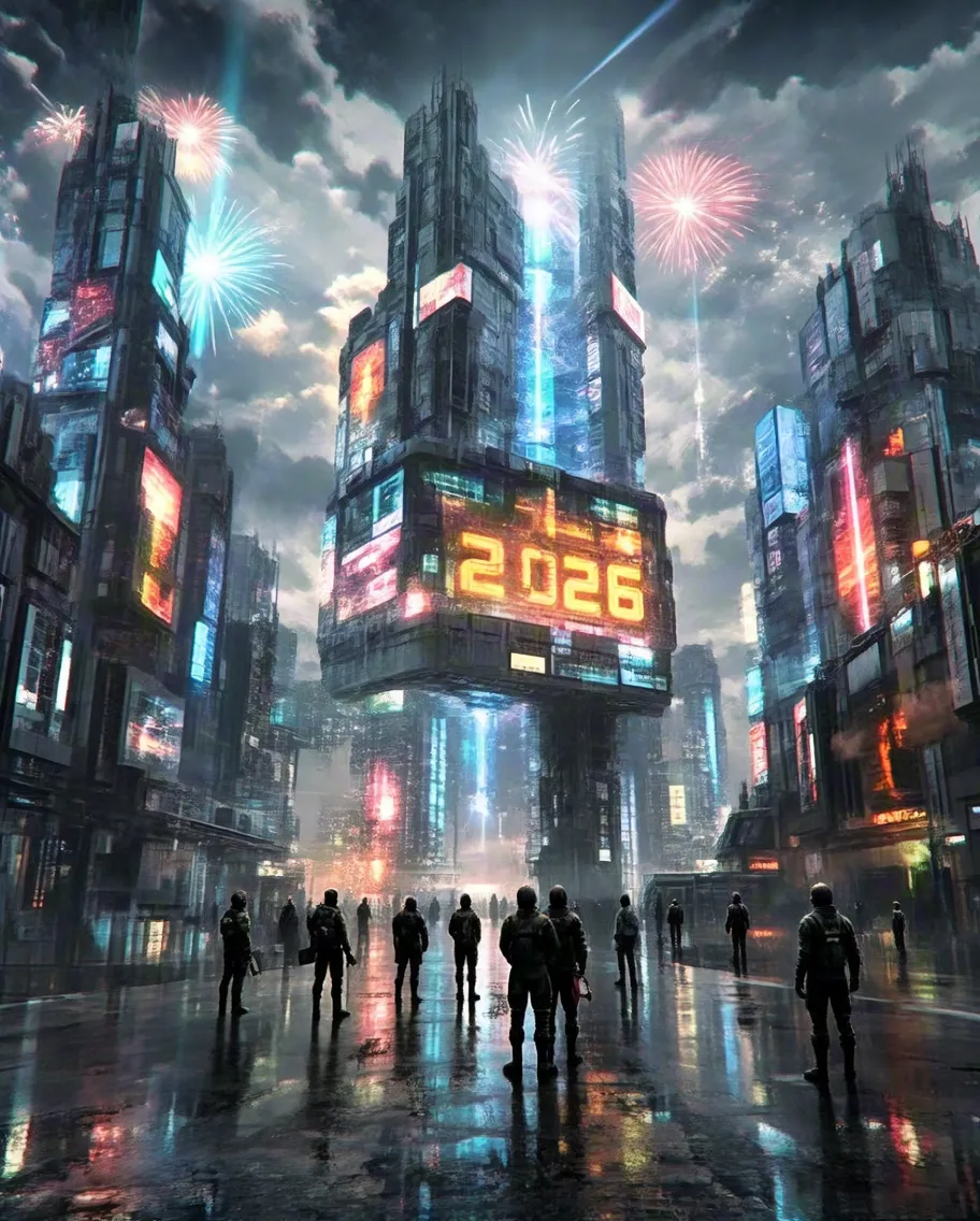 Cyberpunk city skyline with glowing 2026 hologram above a busy neon street