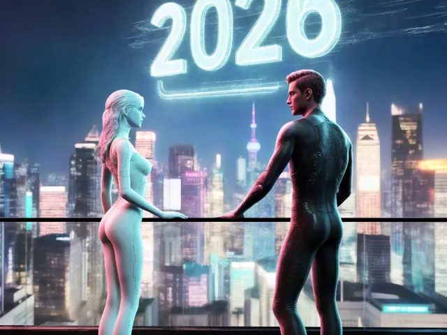 man and woman looking at glowing 2026 hologram on futuristic balcony