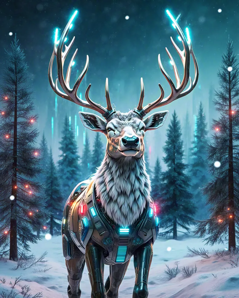 Futuristic cyber deer glowing in snowy forest