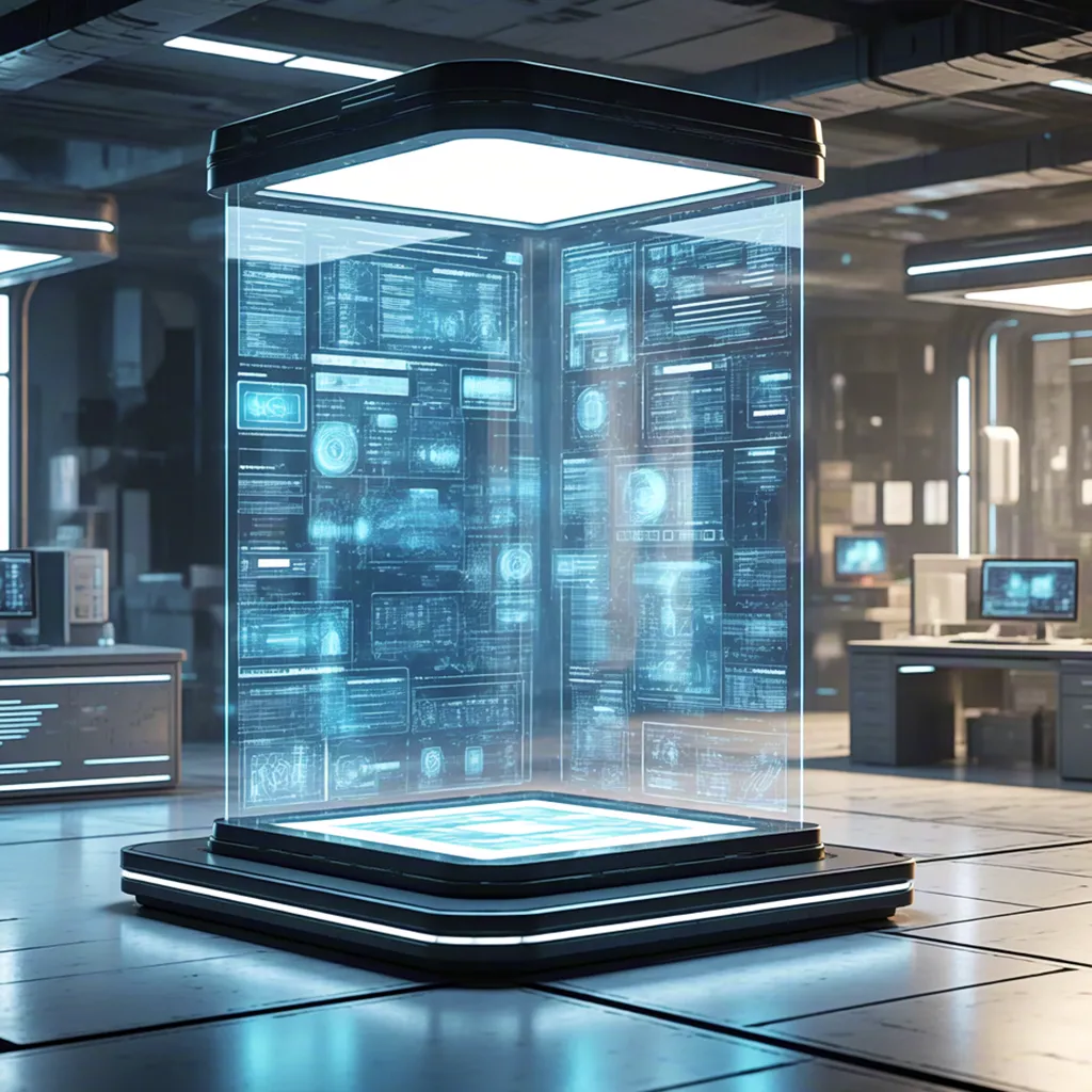 Futuristic data crystal in high-tech lab