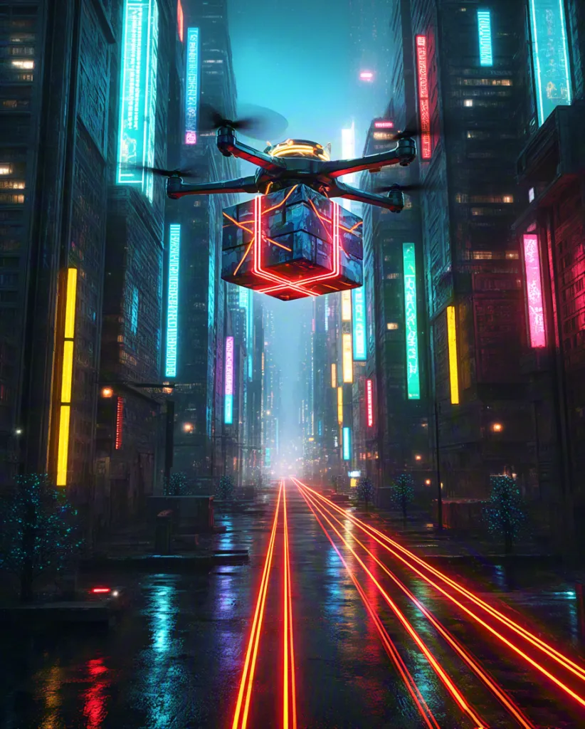 Futuristic Delivery Drone in Neon City