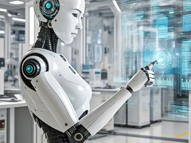 Humanoid robot woman working in a clean futuristic laboratory