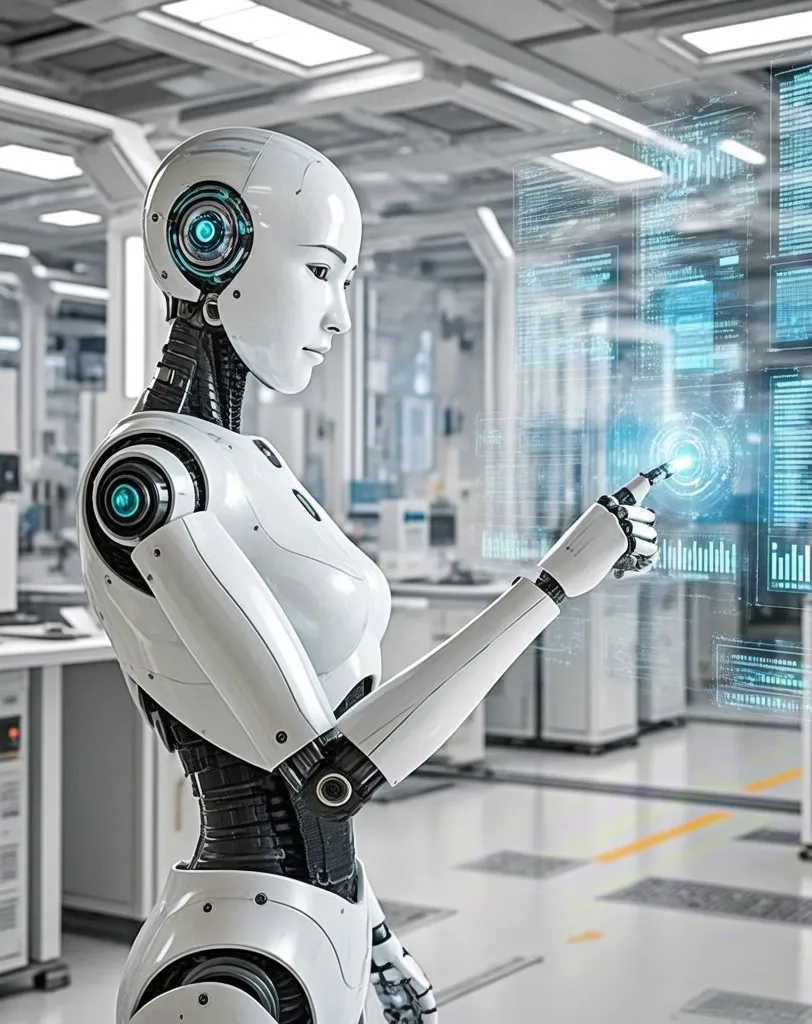 Futuristic female robot in lab — sci-fi illustration