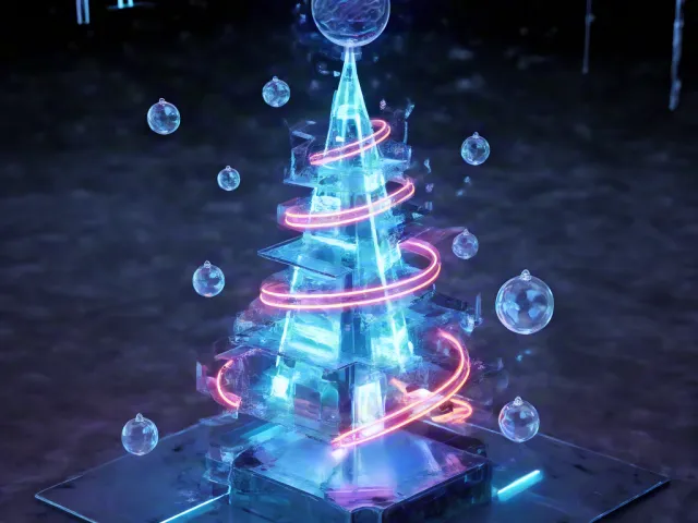 glowing holographic christmas tree with neon light effects