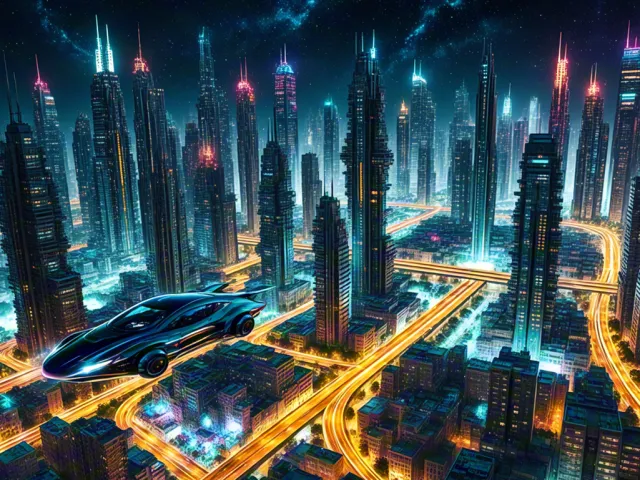 Sci-fi city skyline glowing at night flying car