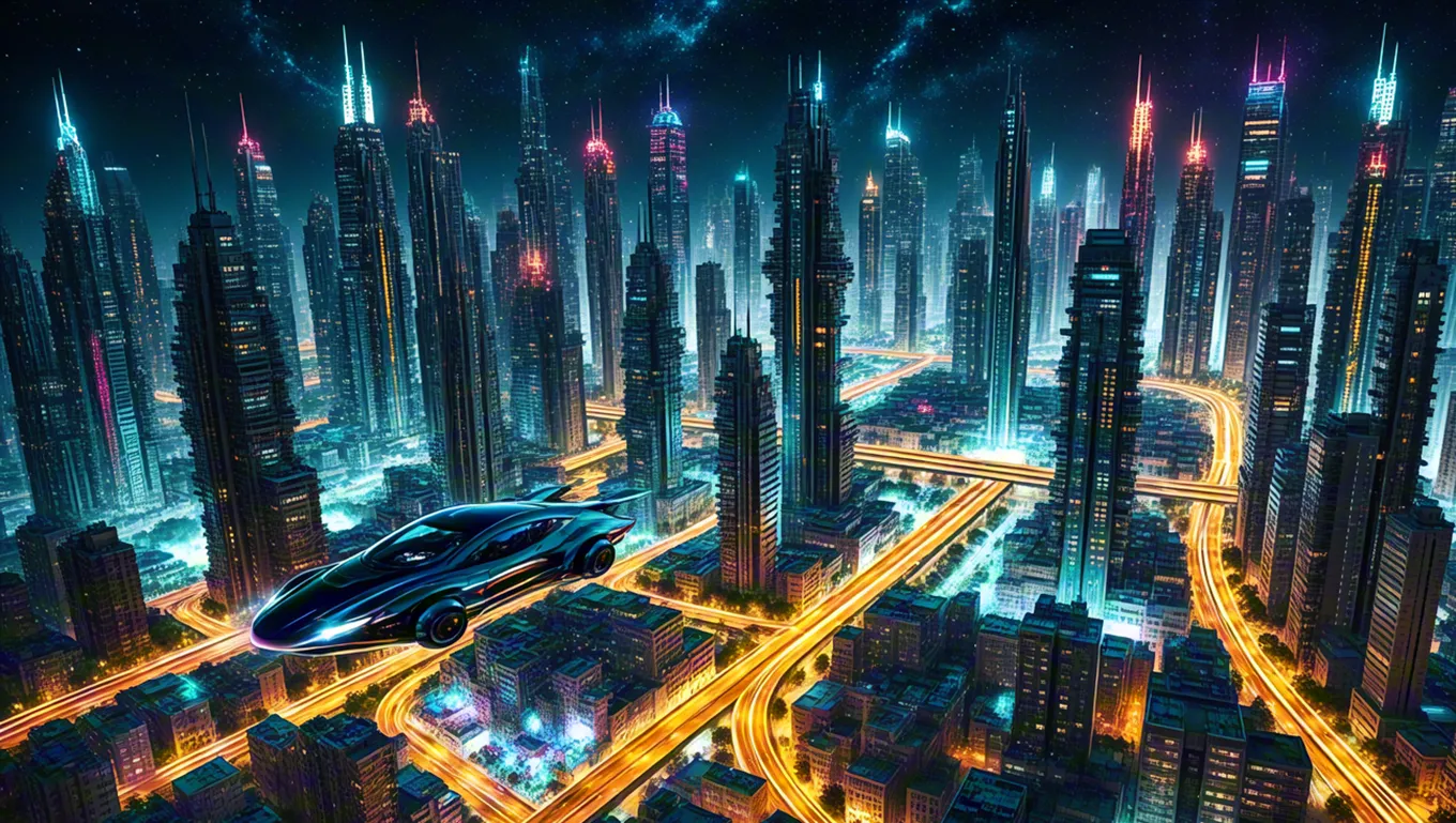 Sci-fi city skyline glowing at night flying car