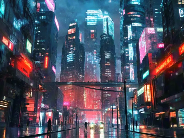 Cyberpunk-style neon-lit street with wet reflections and tall buildings