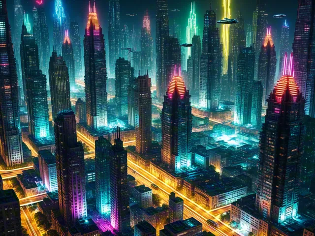 Cyberpunk city glowing with neon lights