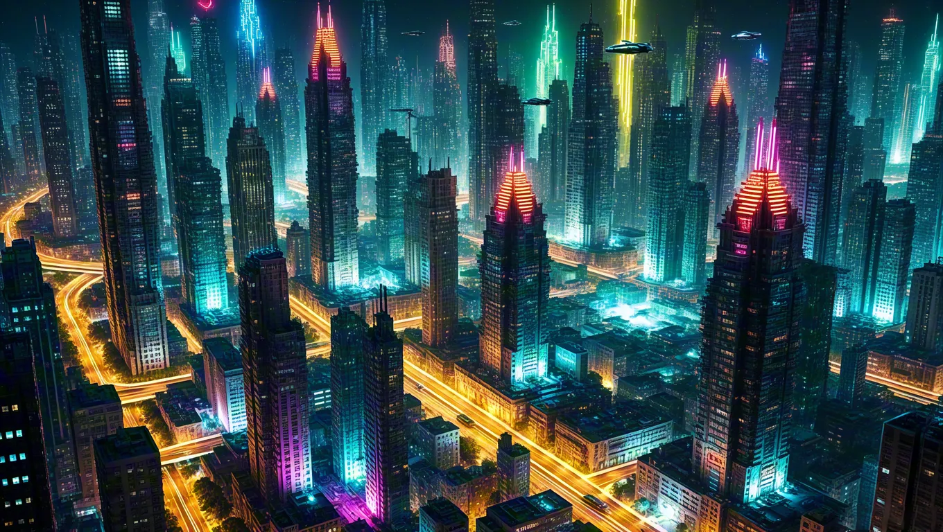 Cyberpunk city glowing with neon lights