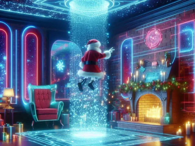 santa claus appearing in neon holographic christmas living room with glowing lights