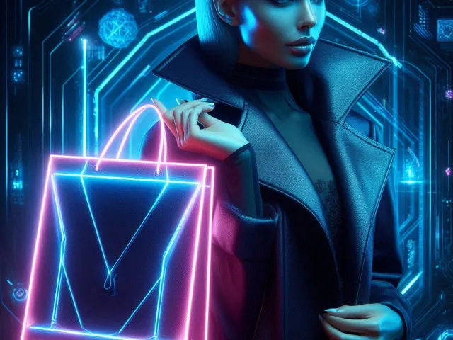 Woman holding glowing neon shopping bag in futuristic cyberpunk setting
