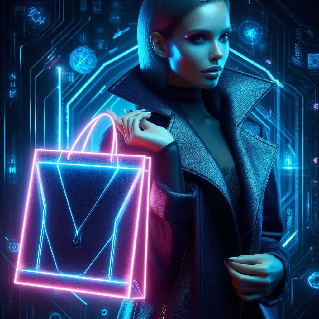 Futuristic neon shopping bag — cyberpunk Black Friday
