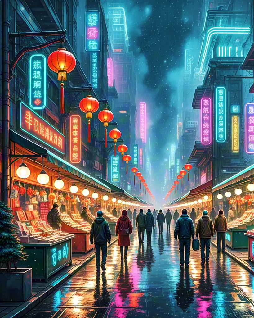 Futuristic neon winter street with glowing signs