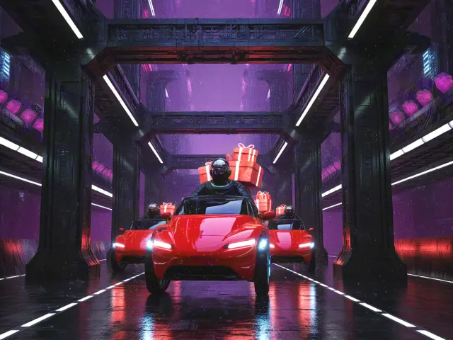 High-tech red vehicle driving through a glowing neon tunnel