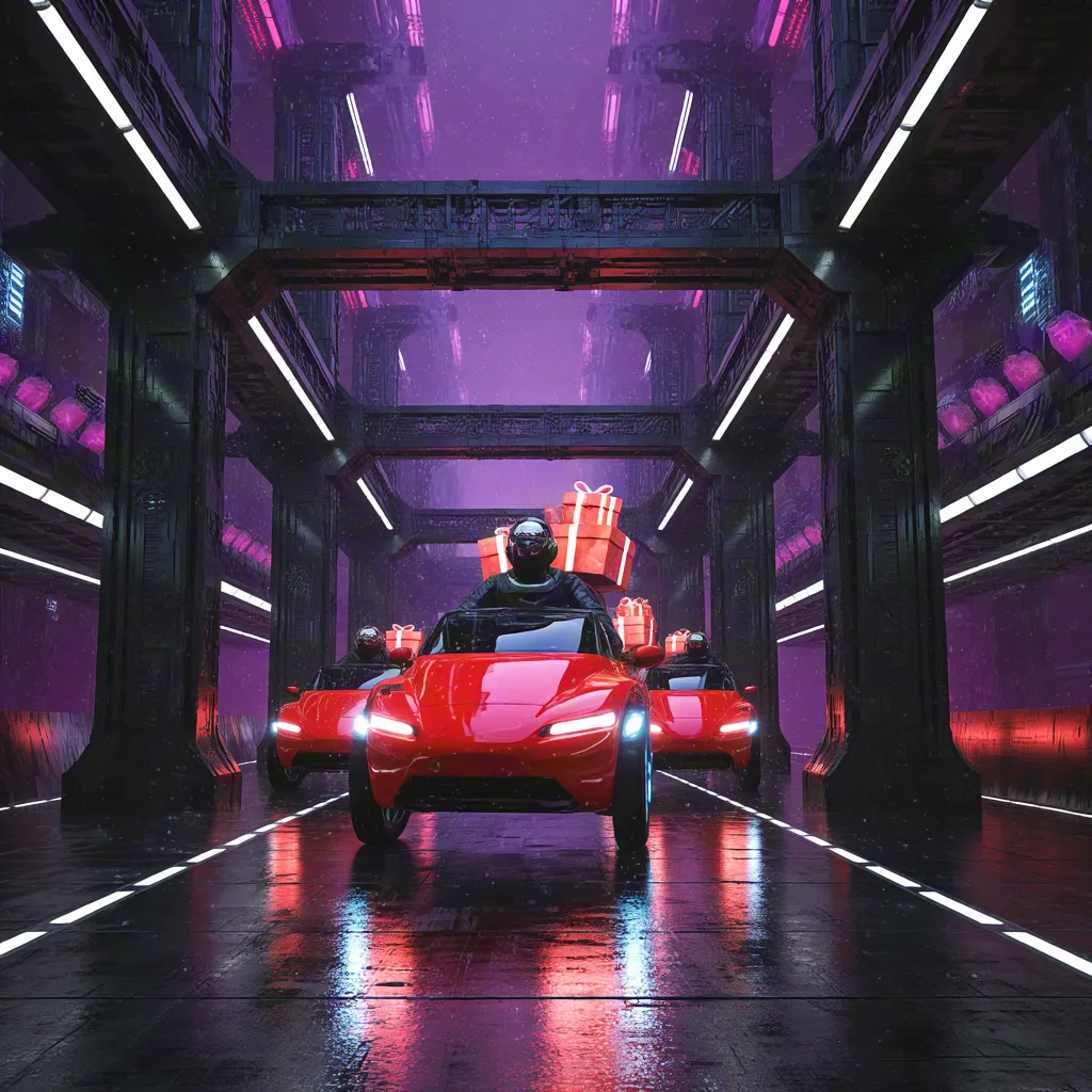 Futuristic Red Vehicle in Neon Tunnel
