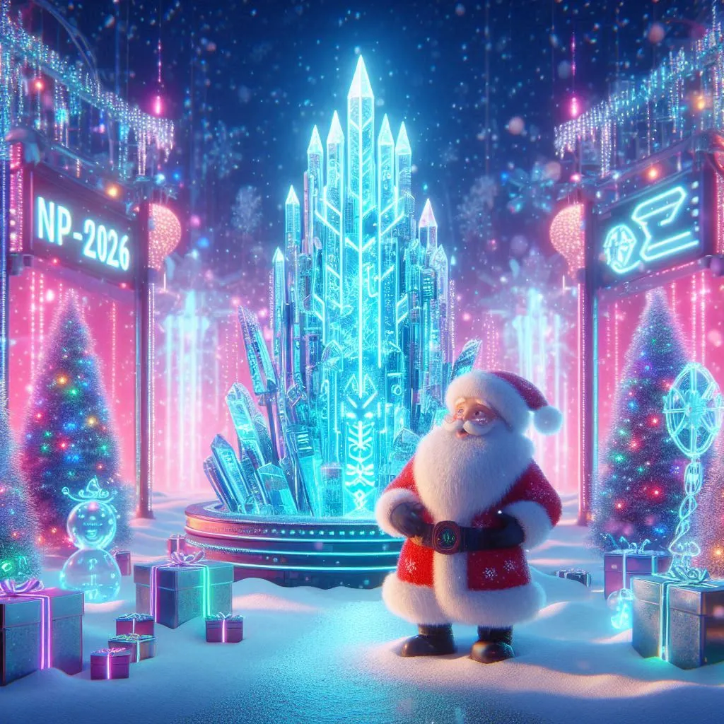 Futuristic Santa Claus in cyber Christmas square 2026