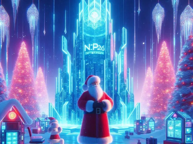 Santa standing in front of tall shimmering ice tower decorated with neon lights