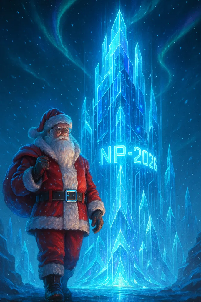 Futuristic Santa in glowing digital ice tower scene