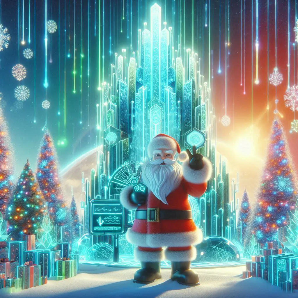 Futuristic Santa in glowing neon winter square
