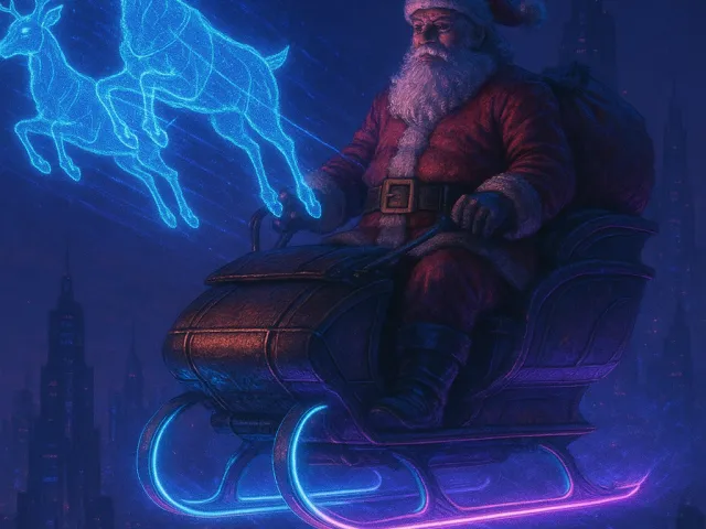 Santa Claus flying in a glowing blue neon sleigh through the night sky