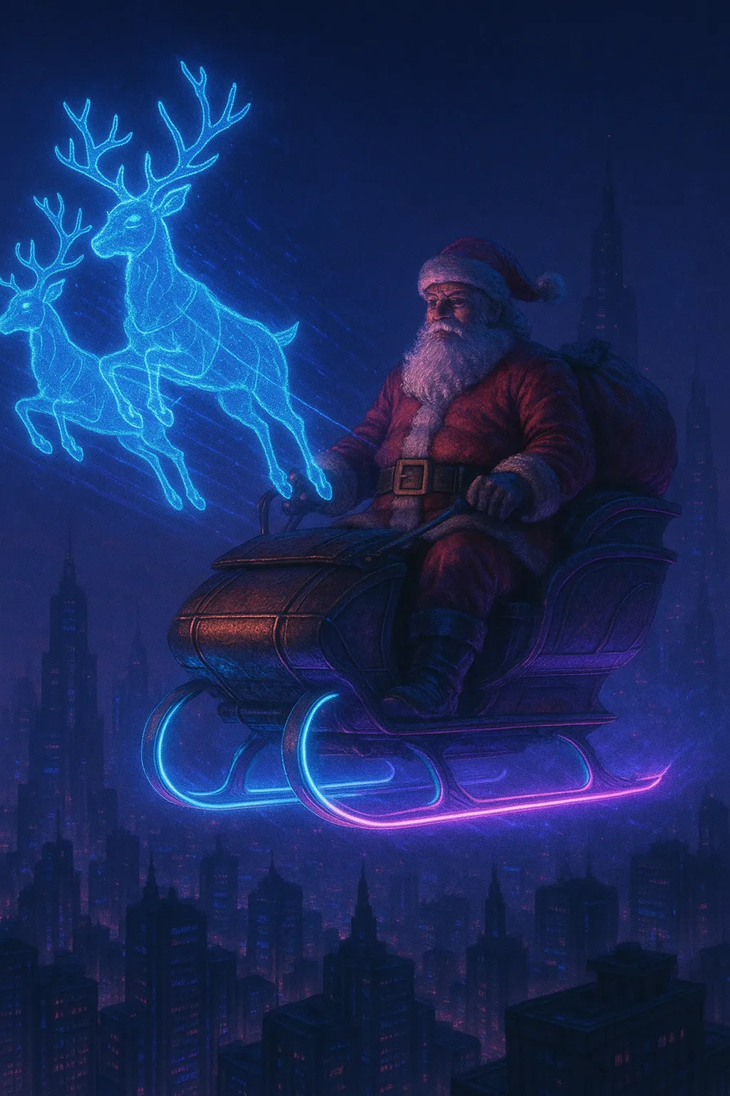 Santa Claus flying in a glowing blue neon sleigh through the night sky