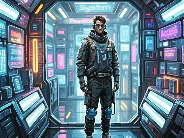 Futuristic man in high-tech suit standing in neon sci-fi corridor