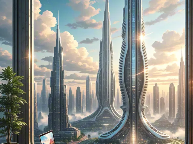 Sci-fi city towers with floating computer desk