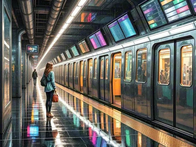 Neon-lit futuristic subway platform with reflections on polished floor