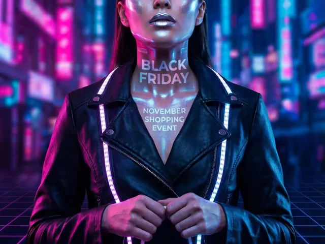 Cyberpunk woman standing over glowing table with Black Friday lights