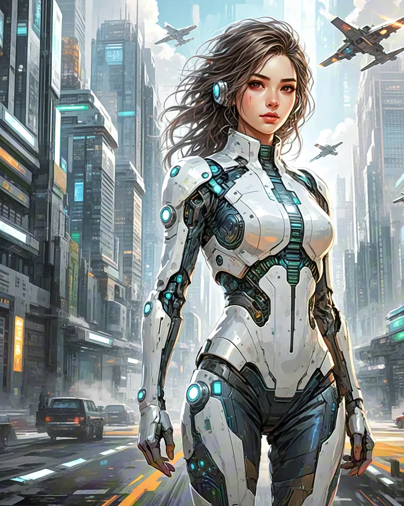 Futuristic woman in exosuit armor