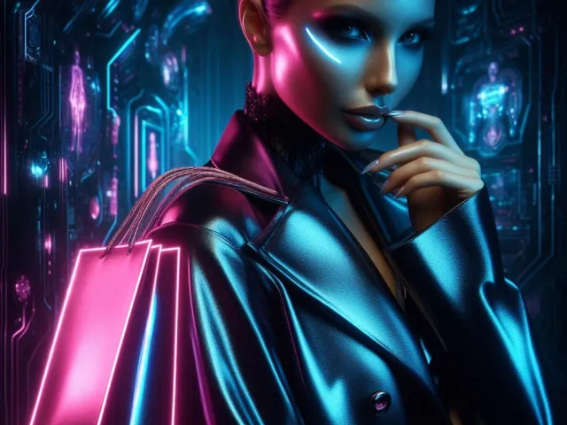 Female cyberpunk character holding neon-glowing shopping bag in blue-lit scene